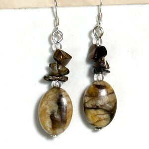 2/$20, Genuine Earthy Septarian Stone & Tigers Eye Sterling Silver Hook Earrings